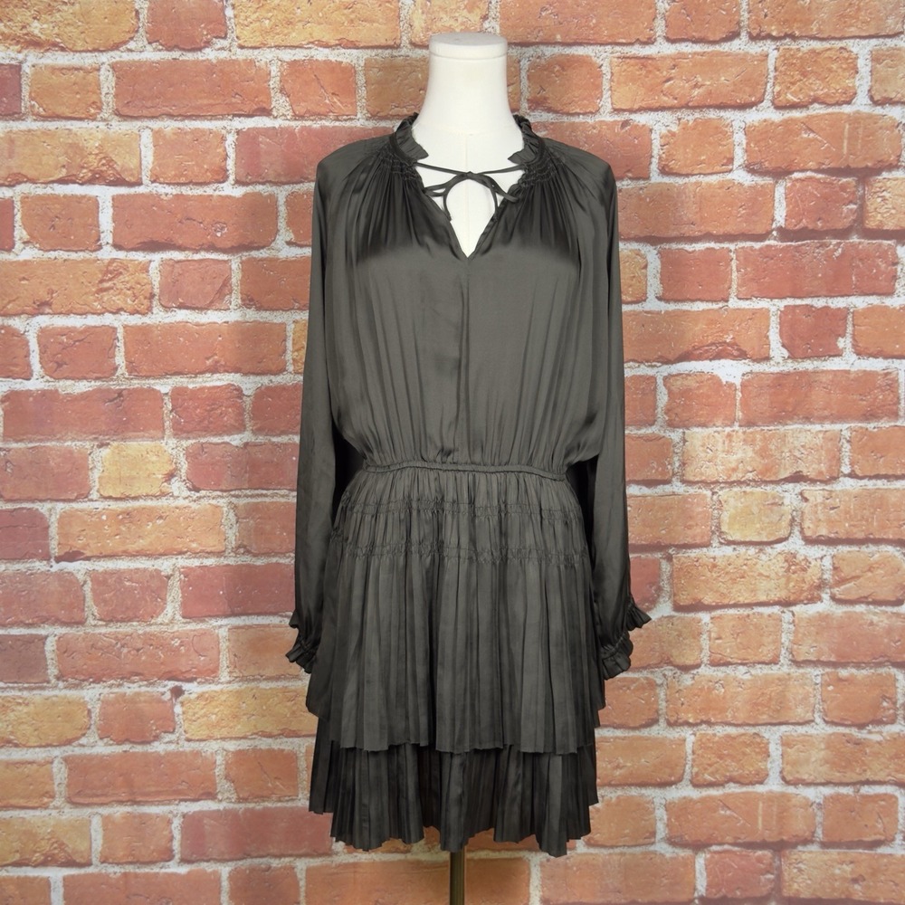 Reset Dress Women's SZ S Long Sleeve Pleated Dark Olive Mini Boho Satin Feel